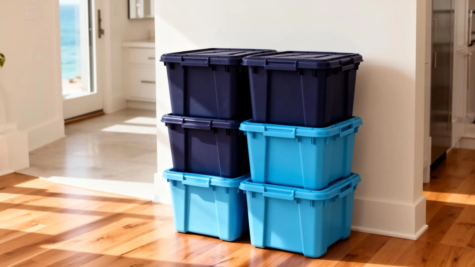 Stack of reusable navy and lake-blue moving totes in a modern home foyer